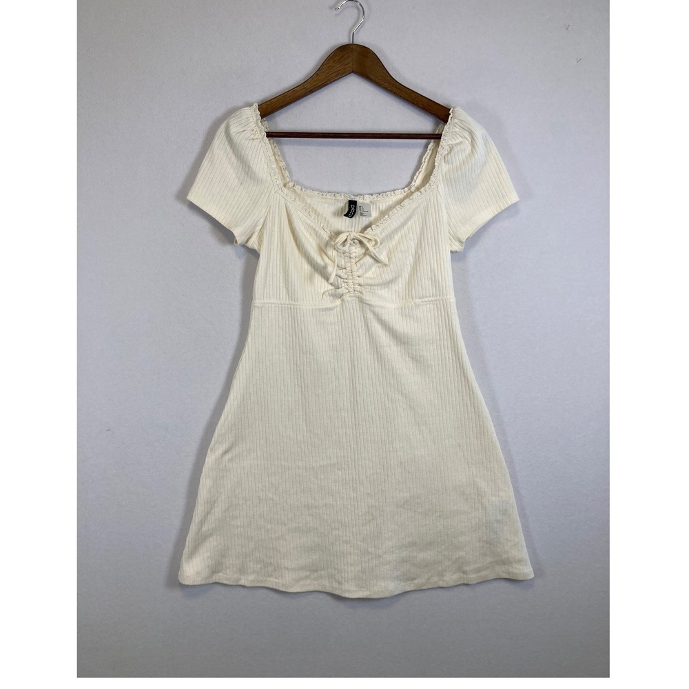 H&M Divided Ribbed Milkmaid Mini Dress Large Cream Lace Trim Puffβ Sleeve